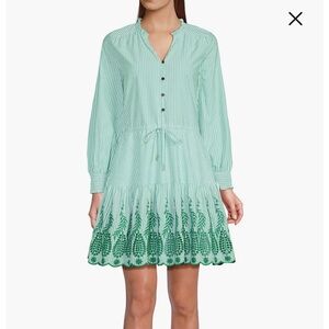 Lands' End Green Striped Tie-Waist Embroidered Eyelet Dress with POCKETS!